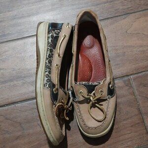 Sperry 8.5 sparkle cheetah loafer slip on boat shoes brown tan